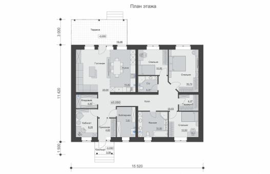 Одноэтажный дом с крыльцом, террасой и тремя спальнями