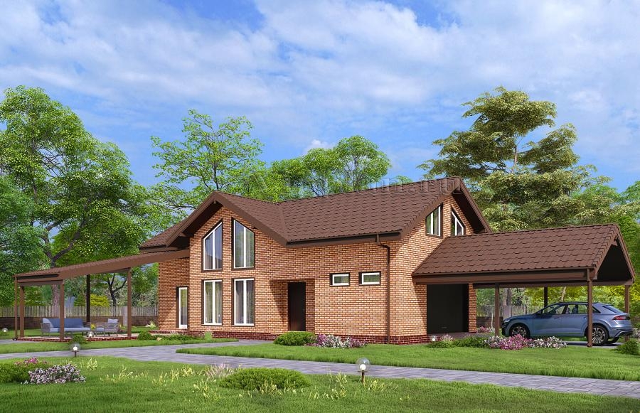 Одноэтажный дом с мансардой, навесами и гаражом на две машины